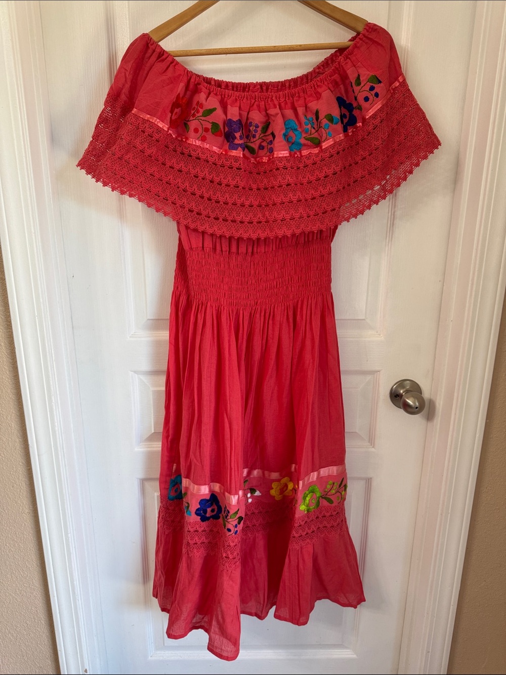 Mexican Coral Embroidered Off-Shoulder Dress - Picture 2 of 8